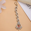 Rhodium Plated Silver Toned  Round & Teardrop Shaped Red American Diamond Studded Maang Tikka