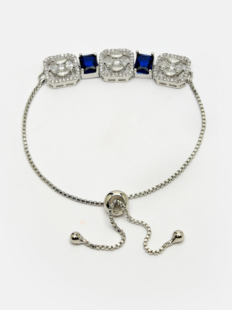 Rhodium Plated Silver Toned White Round & Blue Rectangle American Diamond Wraparound Adjustable Bracelet