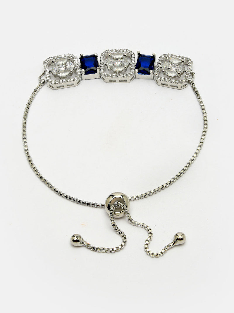 Rhodium Plated Silver Toned White Round & Blue Rectangle American Diamond Wraparound Adjustable Bracelet