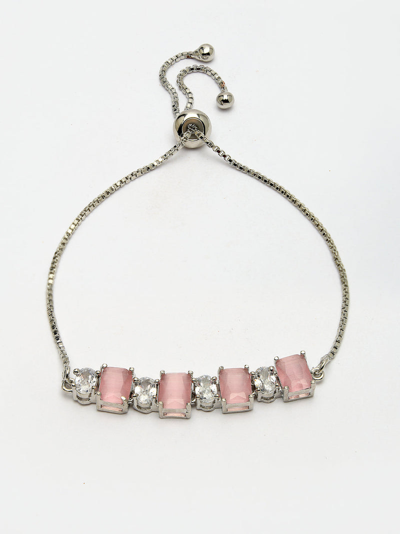 Rhodium Plated Silver Toned White Round & Pink Square Cut AD  Studded  Wraparound Adjustable Bracelet