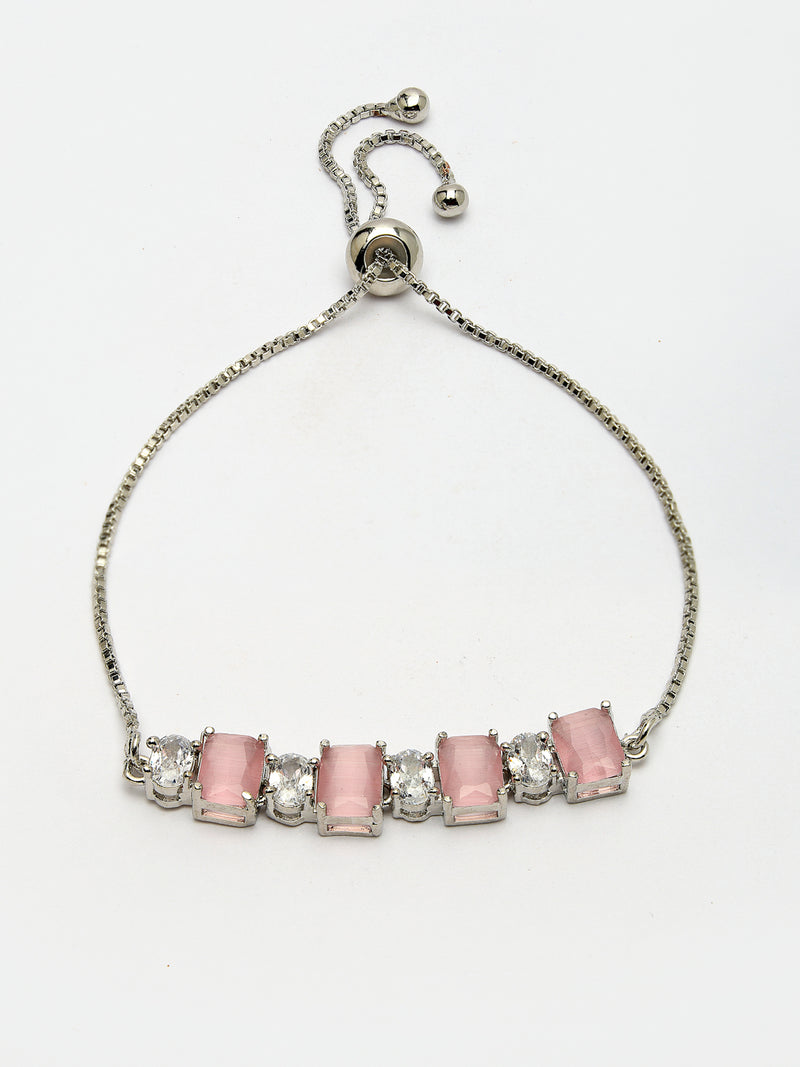 Rhodium Plated Silver Toned White Round & Pink Square Cut AD  Studded  Wraparound Adjustable Bracelet