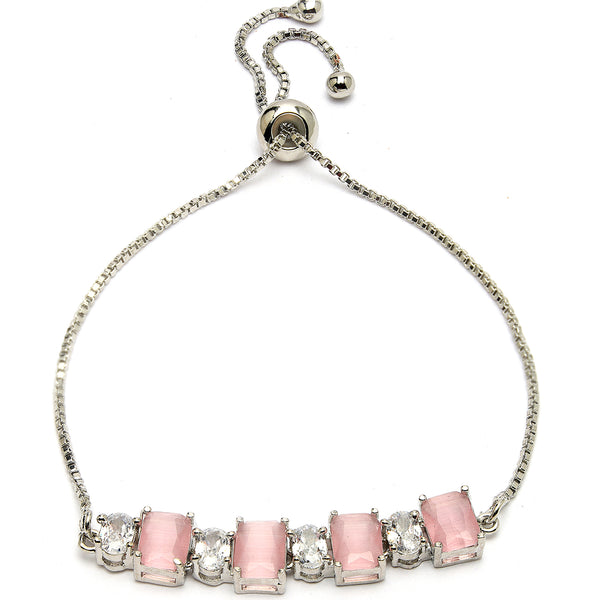 Rhodium Plated Silver Toned White Round & Pink Square Cut AD  Studded  Wraparound Adjustable Bracelet