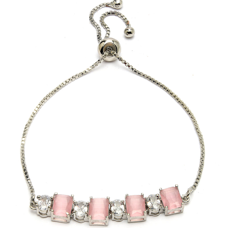 Rhodium Plated Silver Toned White Round & Pink Square Cut AD  Studded  Wraparound Adjustable Bracelet