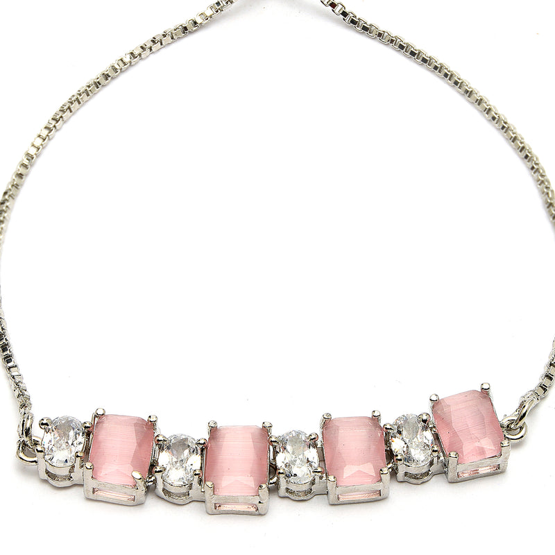 Rhodium Plated Silver Toned White Round & Pink Square Cut AD  Studded  Wraparound Adjustable Bracelet