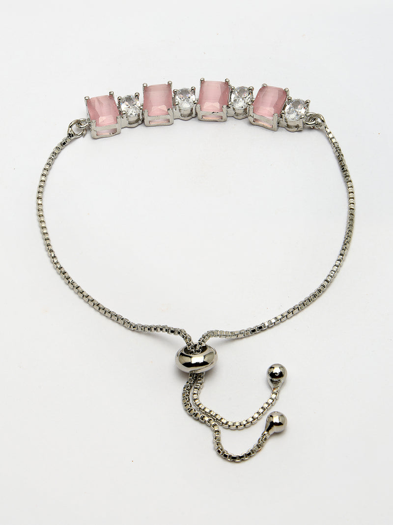 Rhodium Plated Silver Toned White Round & Pink Square Cut AD  Studded  Wraparound Adjustable Bracelet