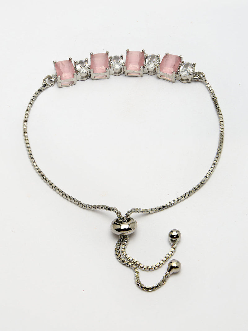 Rhodium Plated Silver Toned White Round & Pink Square Cut AD  Studded  Wraparound Adjustable Bracelet