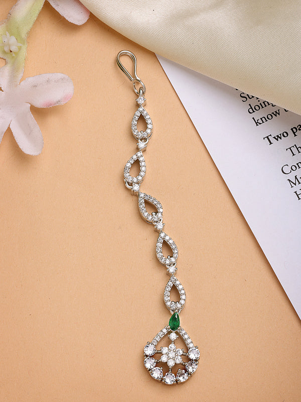 Rhodium Plated with Green & White American Diamond Studded Tear Drop Design Maang Tikka