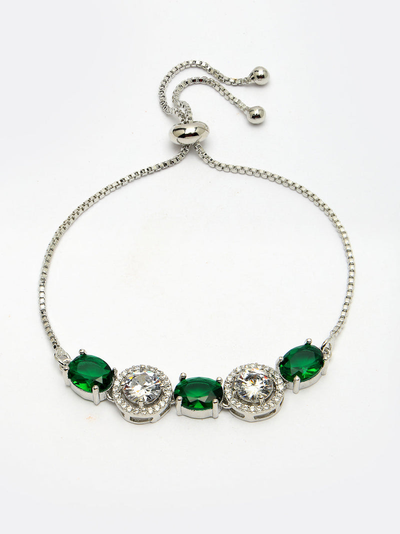 Rhodium Plated Silver Toned White Round & Green Oval AD Studded Wraparound Adjustable Bracelet