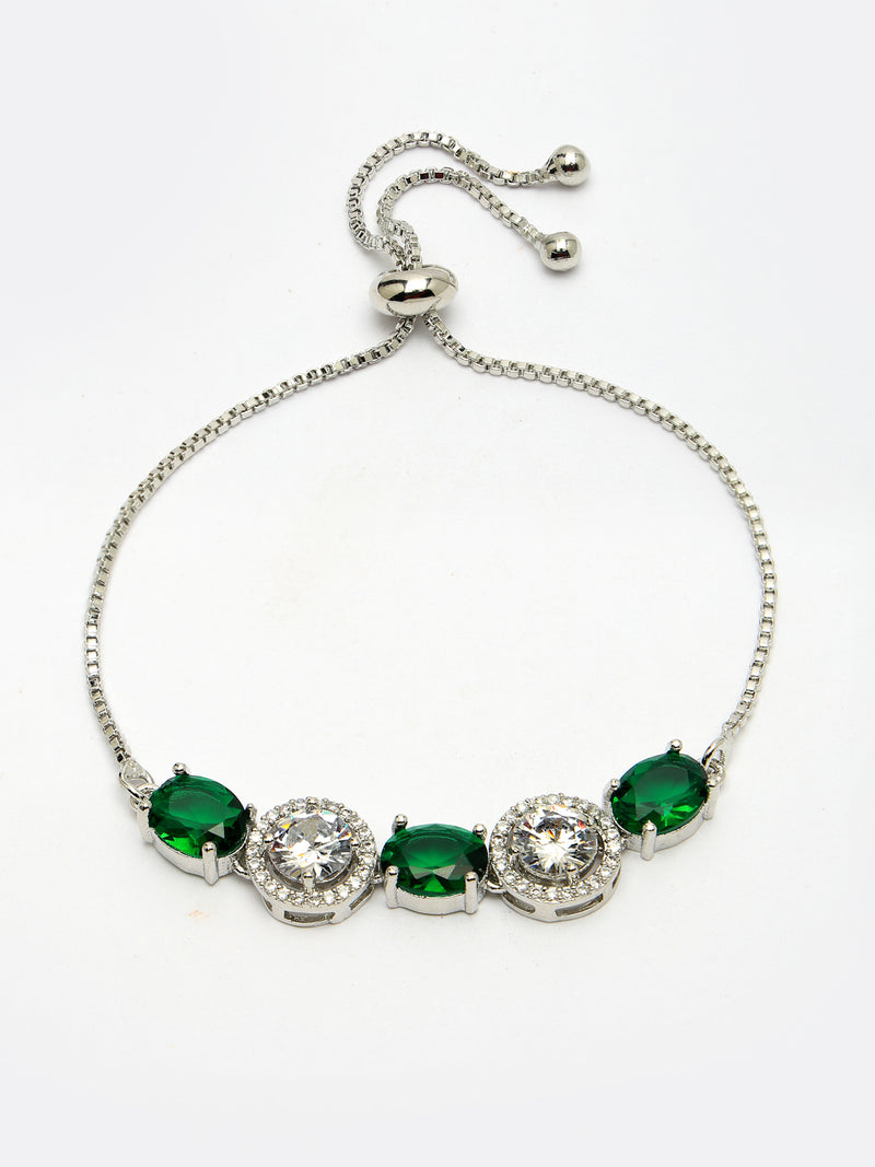 Rhodium Plated Silver Toned White Round & Green Oval AD Studded Wraparound Adjustable Bracelet