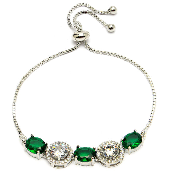 Rhodium Plated Silver Toned White Round & Green Oval AD Studded Wraparound Adjustable Bracelet