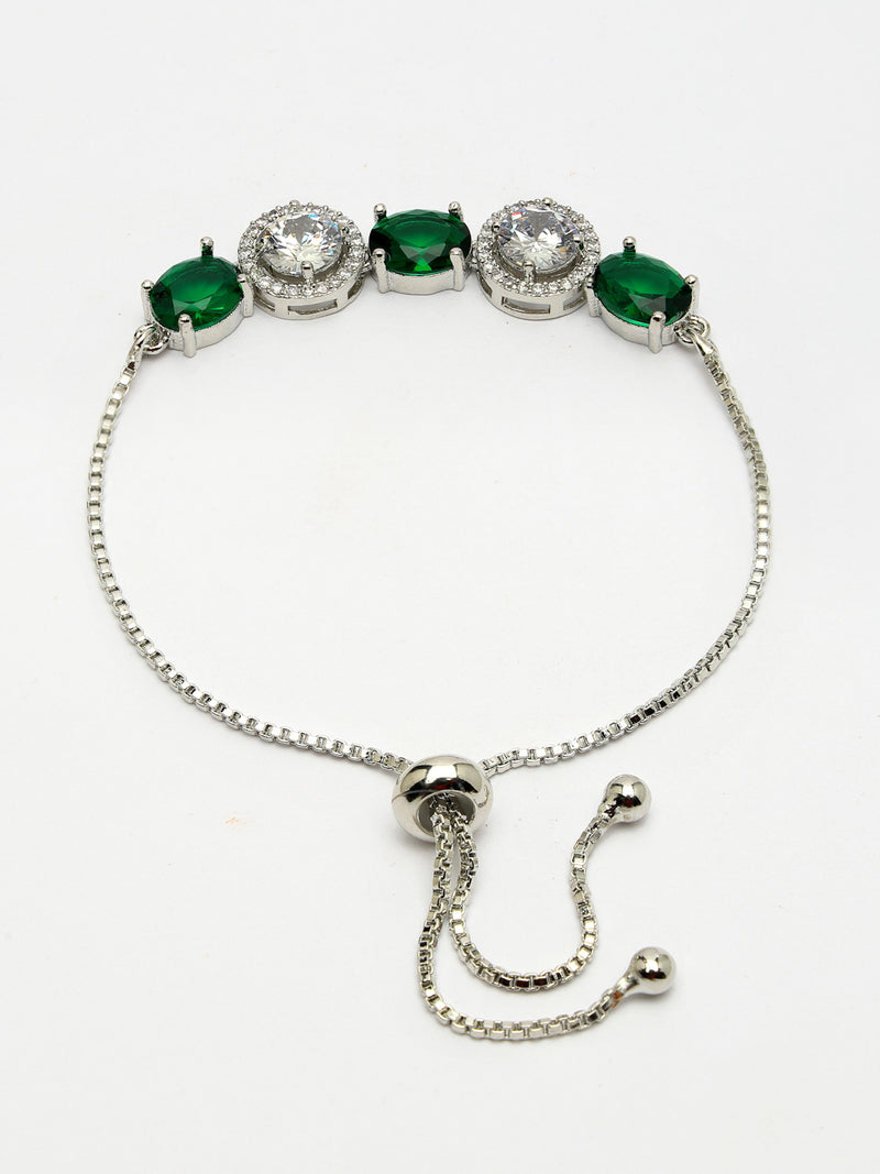 Rhodium Plated Silver Toned White Round & Green Oval AD Studded Wraparound Adjustable Bracelet