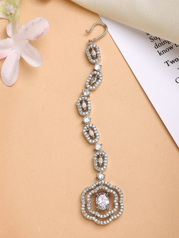 Rhodium Plated with White American Diamond Studded Floral Design Maang Tikka