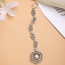 Rhodium Plated Silver Toned Floral Green American Diamond Studded Maang Tikka