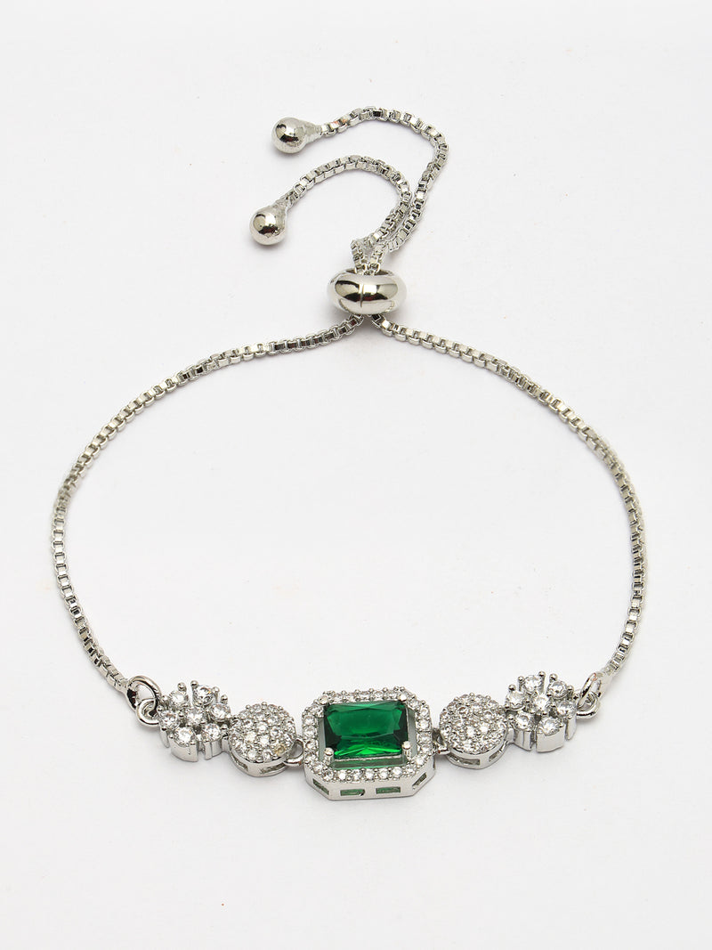 Rhodium Plated Silver Toned Green Square Centerpiece Ad Studded Bracelet With Beads & Floral Accents Wraparound Adjustable Bracelet