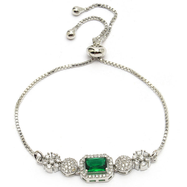 Rhodium Plated Silver Toned Green Square Centerpiece Ad Studded Bracelet With Beads & Floral Accents Wraparound Adjustable Bracelet