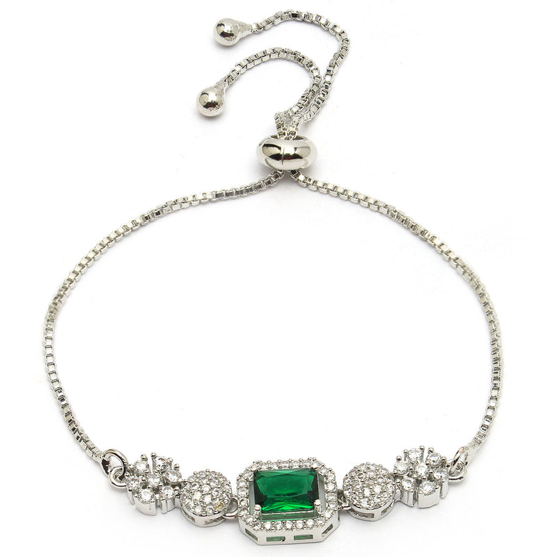 Rhodium Plated Silver Toned Green Square Centerpiece Ad Studded Bracelet With Beads & Floral Accents Wraparound Adjustable Bracelet