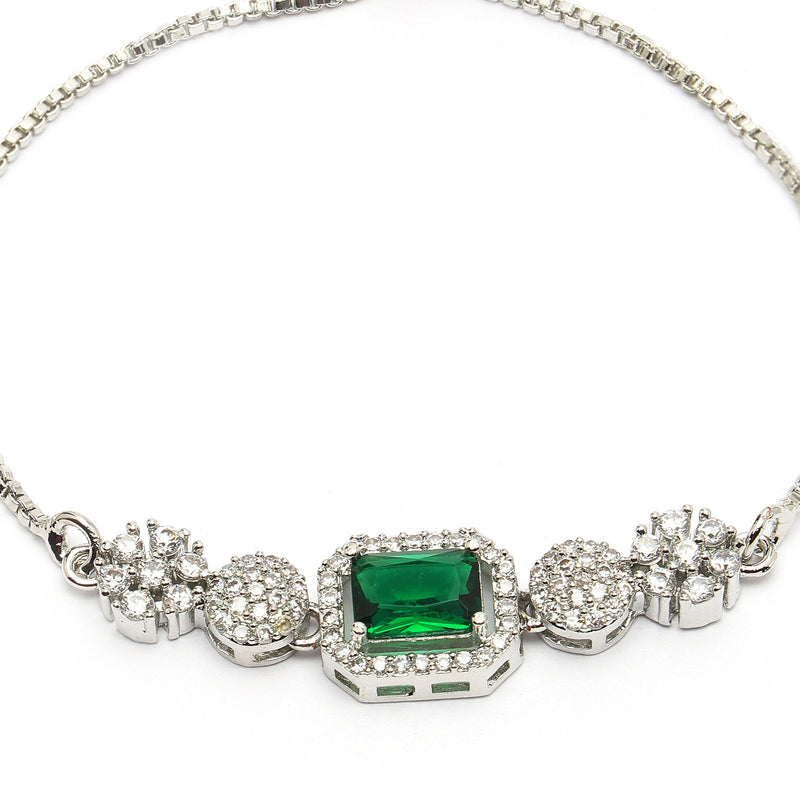 Rhodium Plated Silver Toned Green Square Centerpiece Ad Studded Bracelet With Beads & Floral Accents Wraparound Adjustable Bracelet