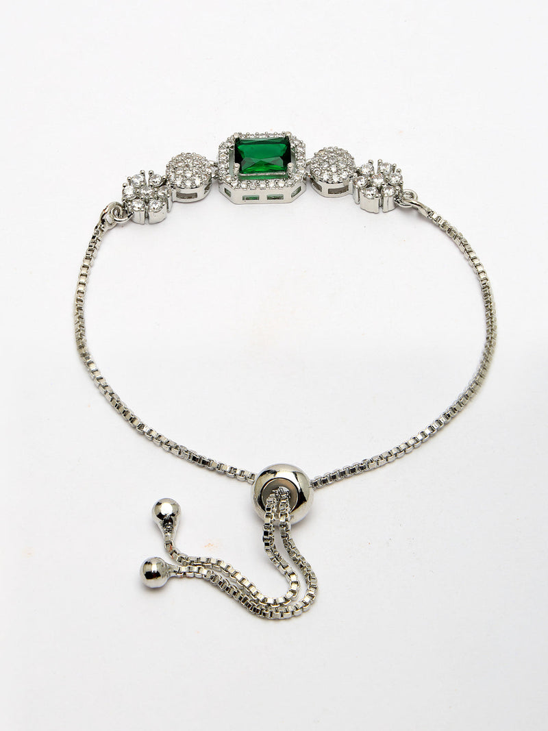 Rhodium Plated Silver Toned Green Square Centerpiece Ad Studded Bracelet With Beads & Floral Accents Wraparound Adjustable Bracelet