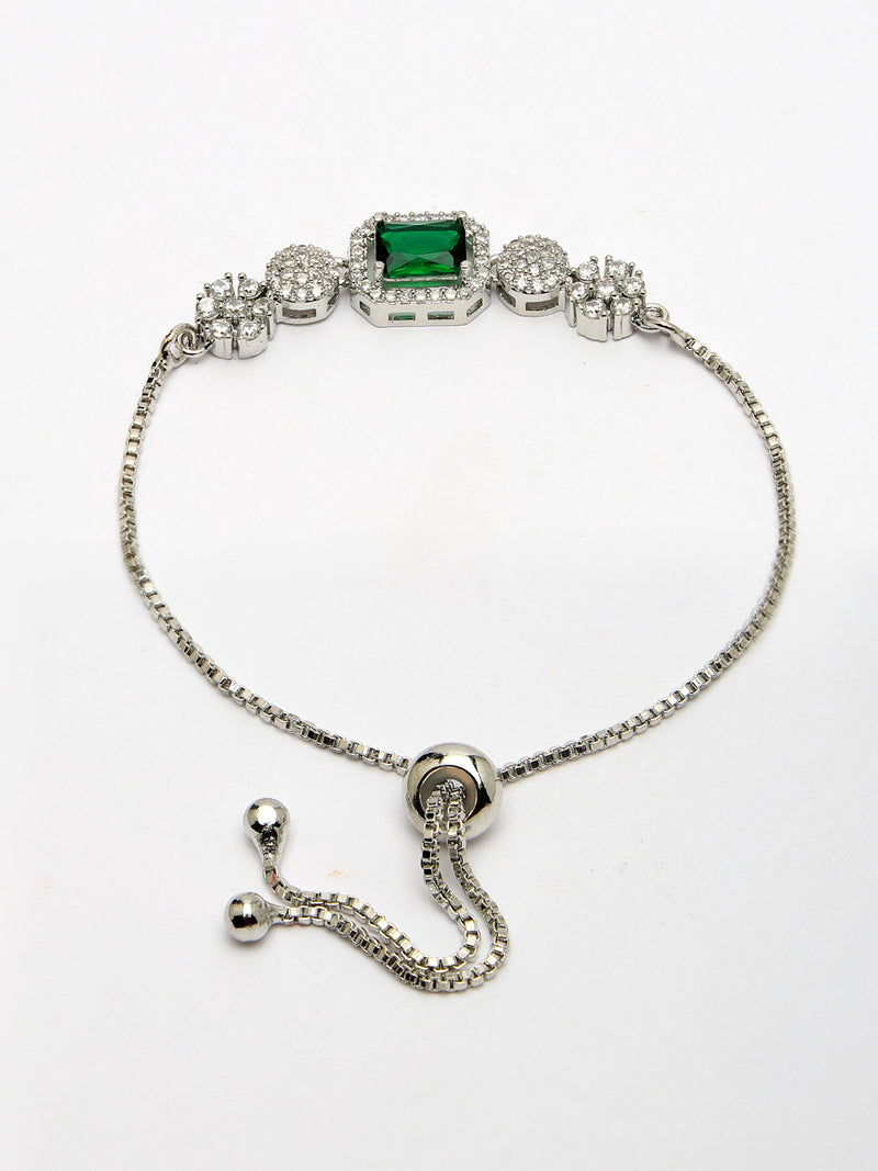 Rhodium Plated Silver Toned Green Square Centerpiece Ad Studded Bracelet With Beads & Floral Accents Wraparound Adjustable Bracelet