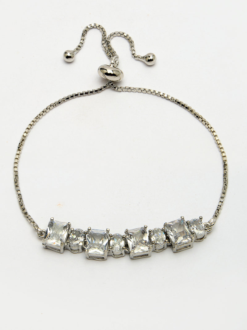 Rhodium Plated Silver Toned White Round &  Square Cut AD Studded Wraparound Adjustable Bracelet
