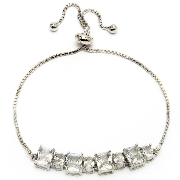 Rhodium Plated Silver Toned White Round &  Square Cut AD Studded Wraparound Adjustable Bracelet