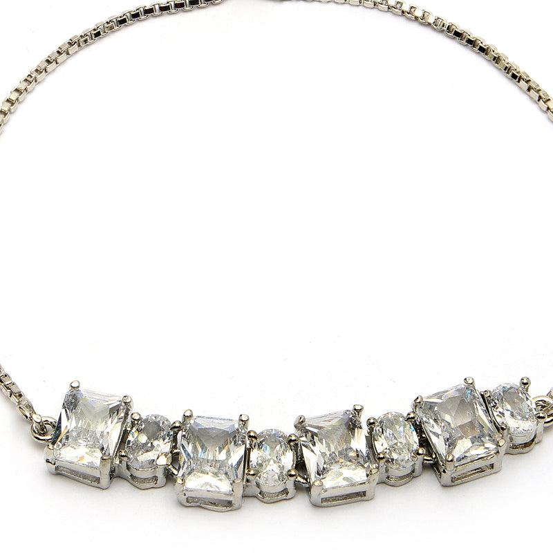 Rhodium Plated Silver Toned White Round &  Square Cut AD Studded Wraparound Adjustable Bracelet