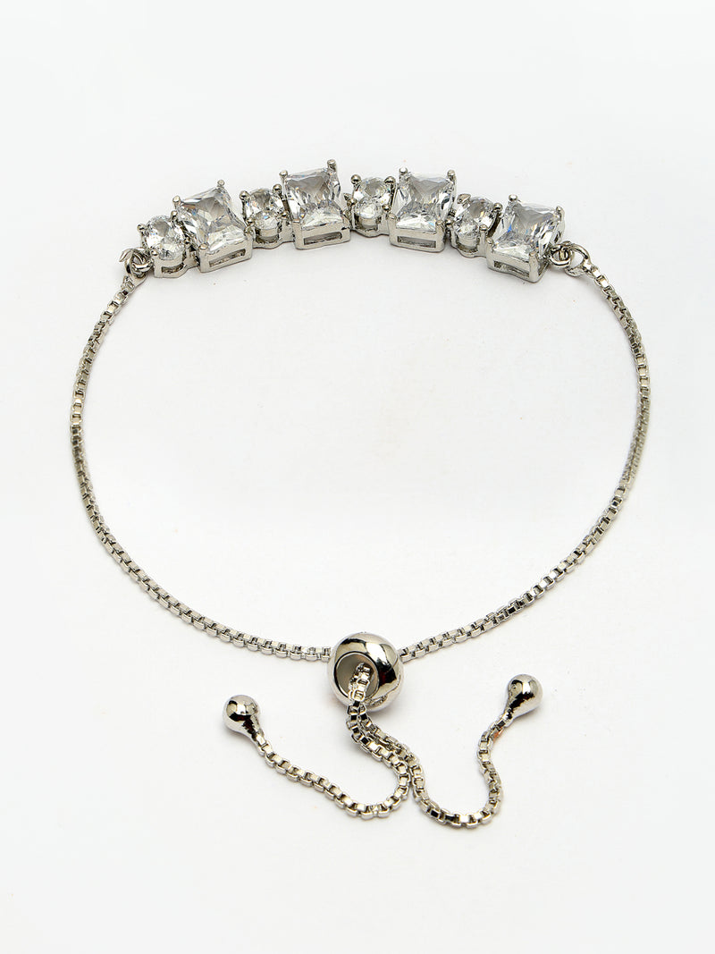 Rhodium Plated Silver Toned White Round &  Square Cut AD Studded Wraparound Adjustable Bracelet