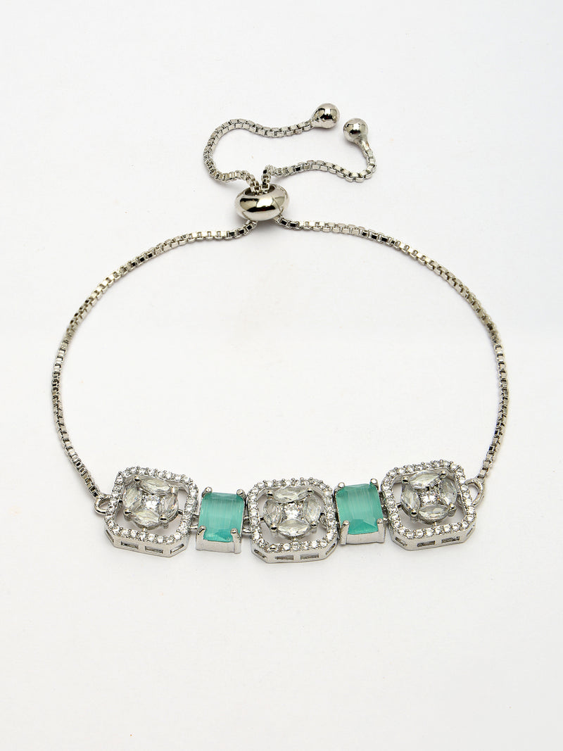 Rhodium Plated Silver Toned White Round & Mint Green Rectangle American Diamond  Studded  Wraparound Adjustable Bracelet