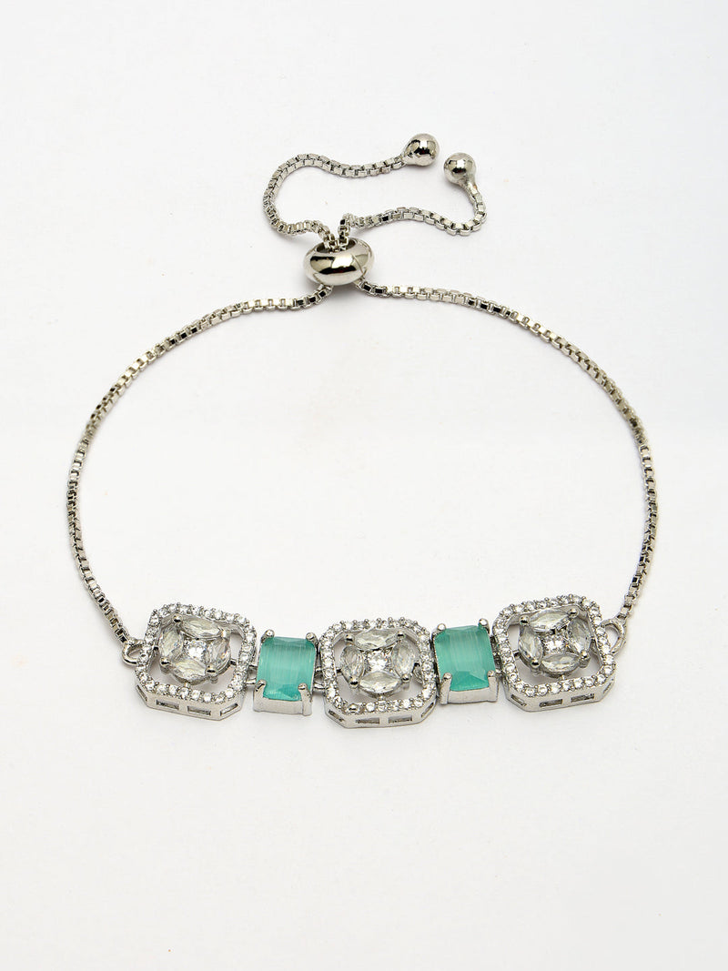 Rhodium Plated Silver Toned White Round & Mint Green Rectangle American Diamond  Studded  Wraparound Adjustable Bracelet