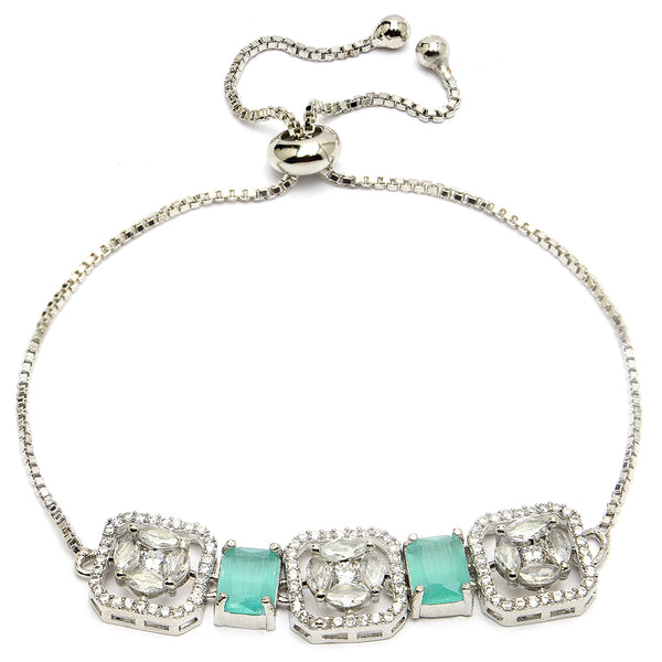 Rhodium Plated Silver Toned White Round & Mint Green Rectangle American Diamond  Studded  Wraparound Adjustable Bracelet