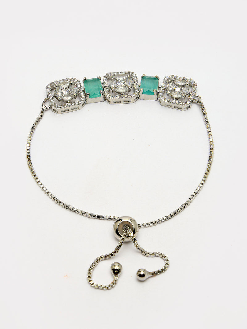 Rhodium Plated Silver Toned White Round & Mint Green Rectangle American Diamond  Studded  Wraparound Adjustable Bracelet
