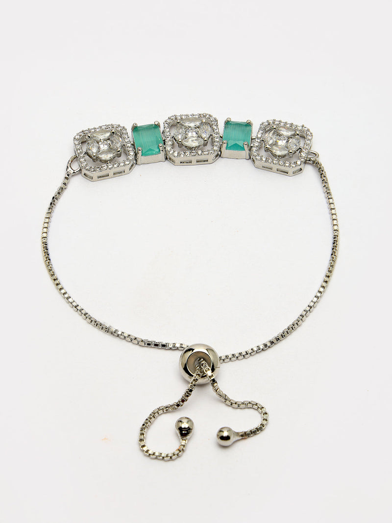 Rhodium Plated Silver Toned White Round & Mint Green Rectangle American Diamond  Studded  Wraparound Adjustable Bracelet
