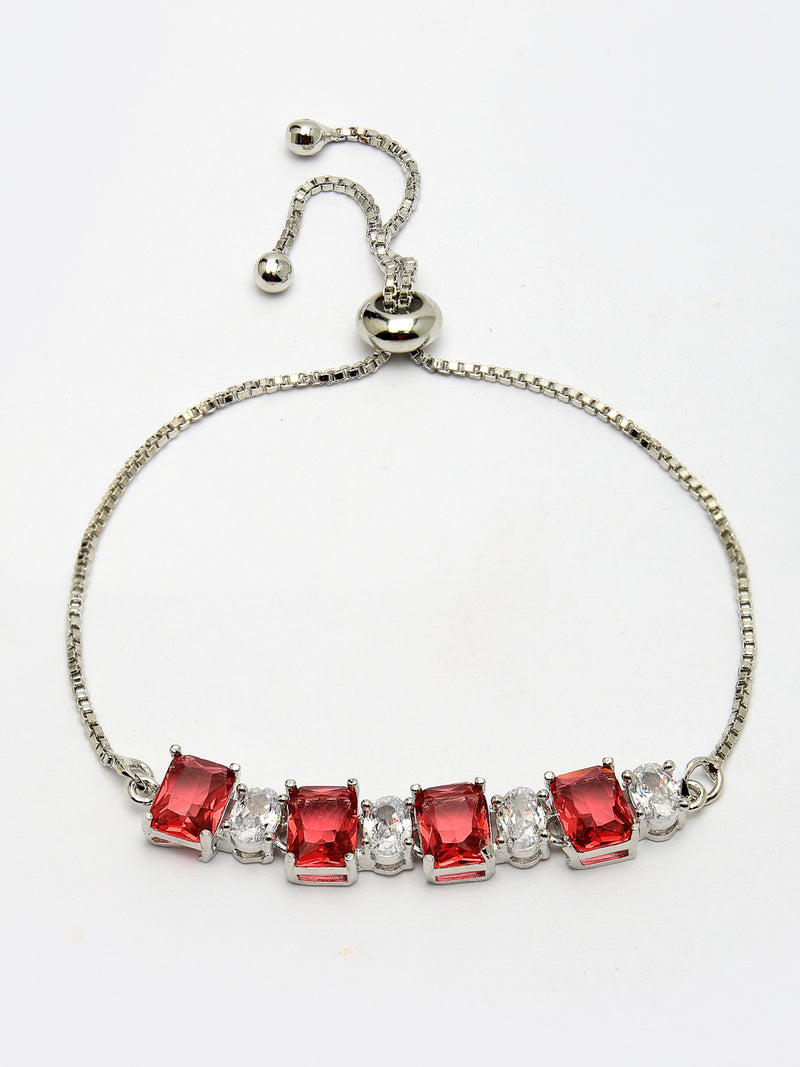 Rhodium Plated Silver Toned White Round & Red Square Cut AD Studded Bracelet | Wraparound Adjustable Bracelet