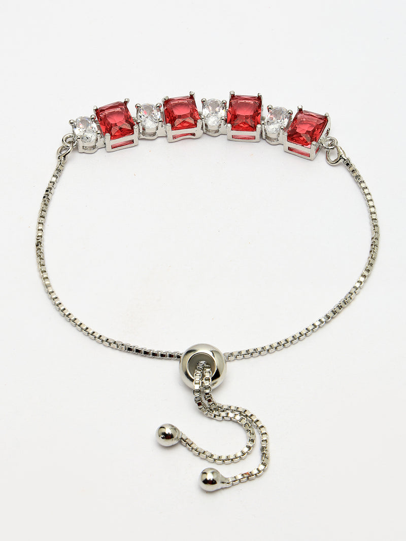 Rhodium Plated Silver Toned White Round & Red Square Cut AD Studded Bracelet | Wraparound Adjustable Bracelet