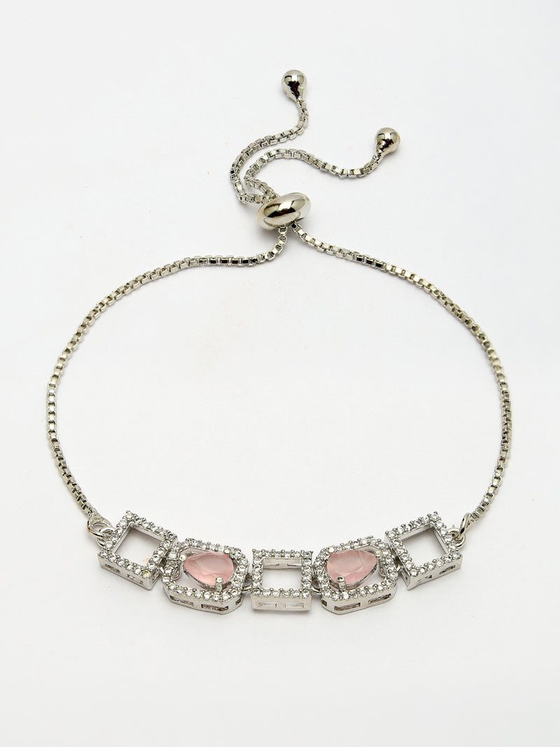 Zeneme Rhodium Plated Silver Toned White Square Cut Pink Teardrop American Diamond Studded  Wraparound Adjustable Bracelet