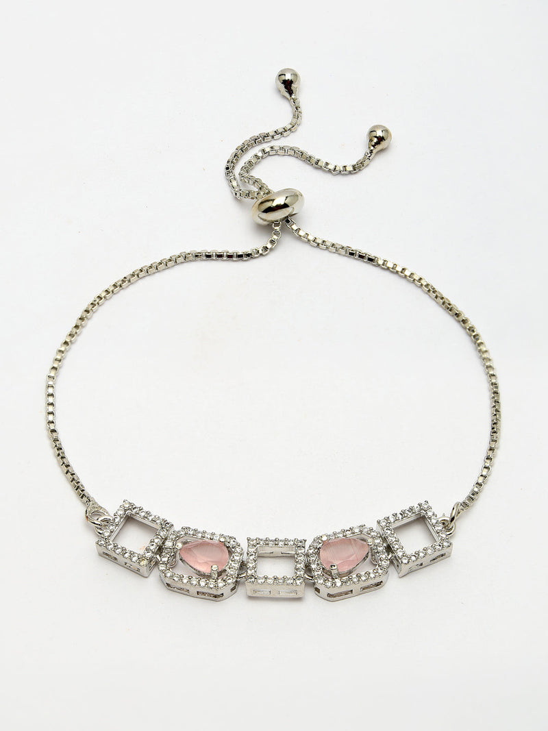 Zeneme Rhodium Plated Silver Toned White Square Cut Pink Teardrop American Diamond Studded  Wraparound Adjustable Bracelet