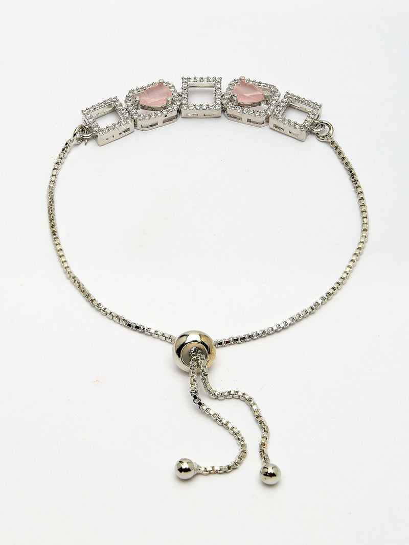 Zeneme Rhodium Plated Silver Toned White Square Cut Pink Teardrop American Diamond Studded  Wraparound Adjustable Bracelet