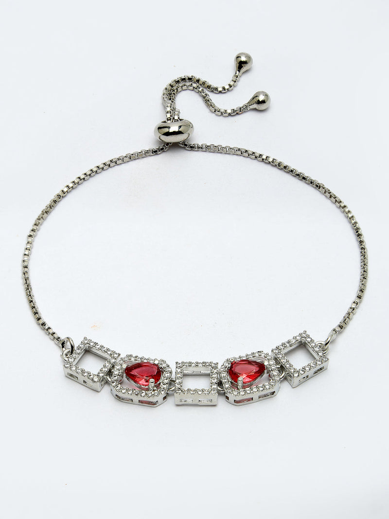 Rhodium Plated Silver Toned White Square Cut Red Teardrop American Diamond Studded  Wraparound Adjustable Bracelet