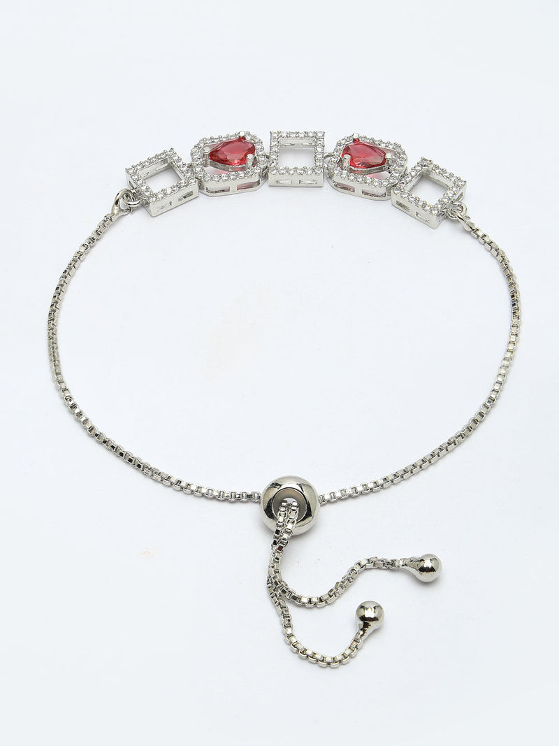 Rhodium Plated Silver Toned White Square Cut Red Teardrop American Diamond Studded  Wraparound Adjustable Bracelet