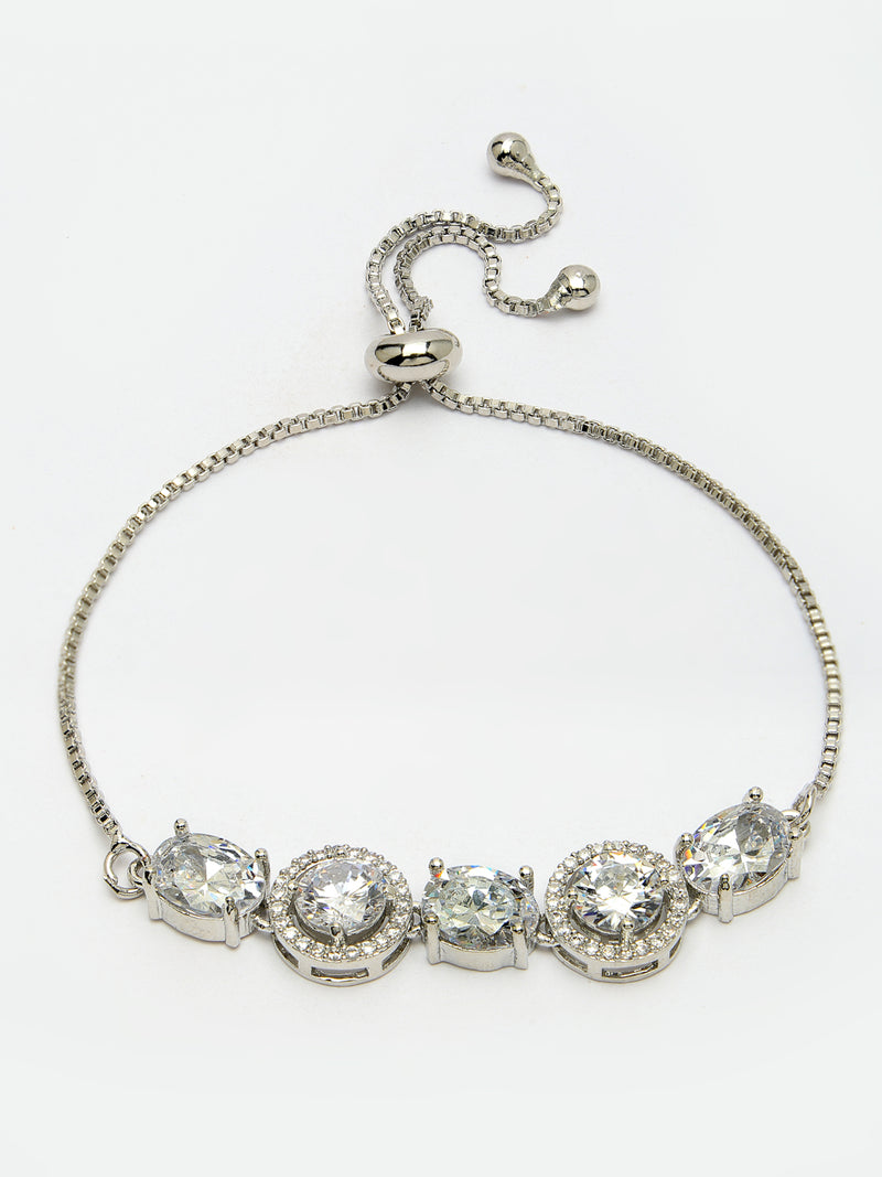 Rhodium Plated Silver Toned White Round & Oval American Diamond Studded  Wraparound Adjustable Bracelet