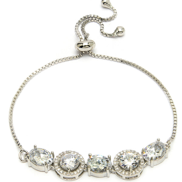 Rhodium Plated Silver Toned White Round & Oval American Diamond Studded  Wraparound Adjustable Bracelet