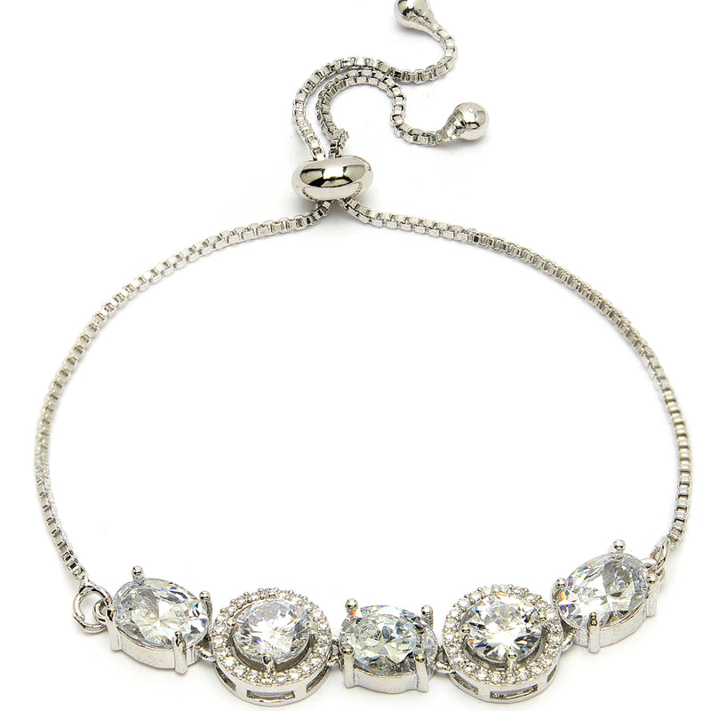 Rhodium Plated Silver Toned White Round & Oval American Diamond Studded  Wraparound Adjustable Bracelet