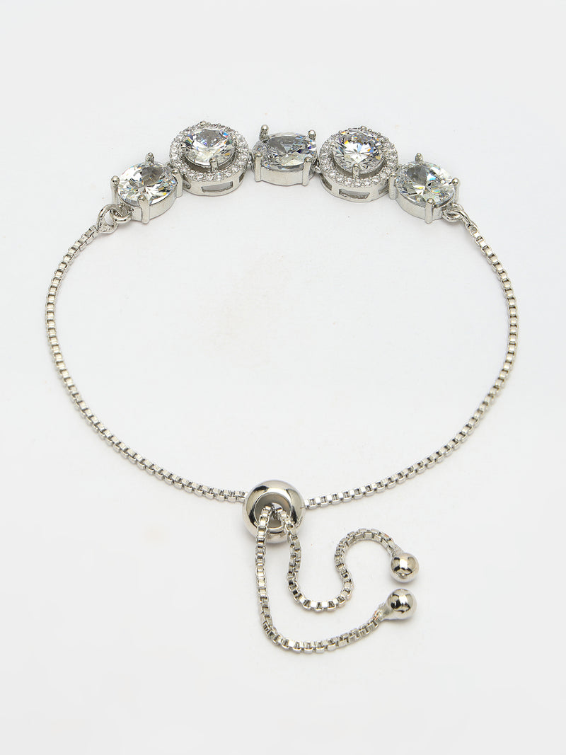 Rhodium Plated Silver Toned White Round & Oval American Diamond Studded  Wraparound Adjustable Bracelet