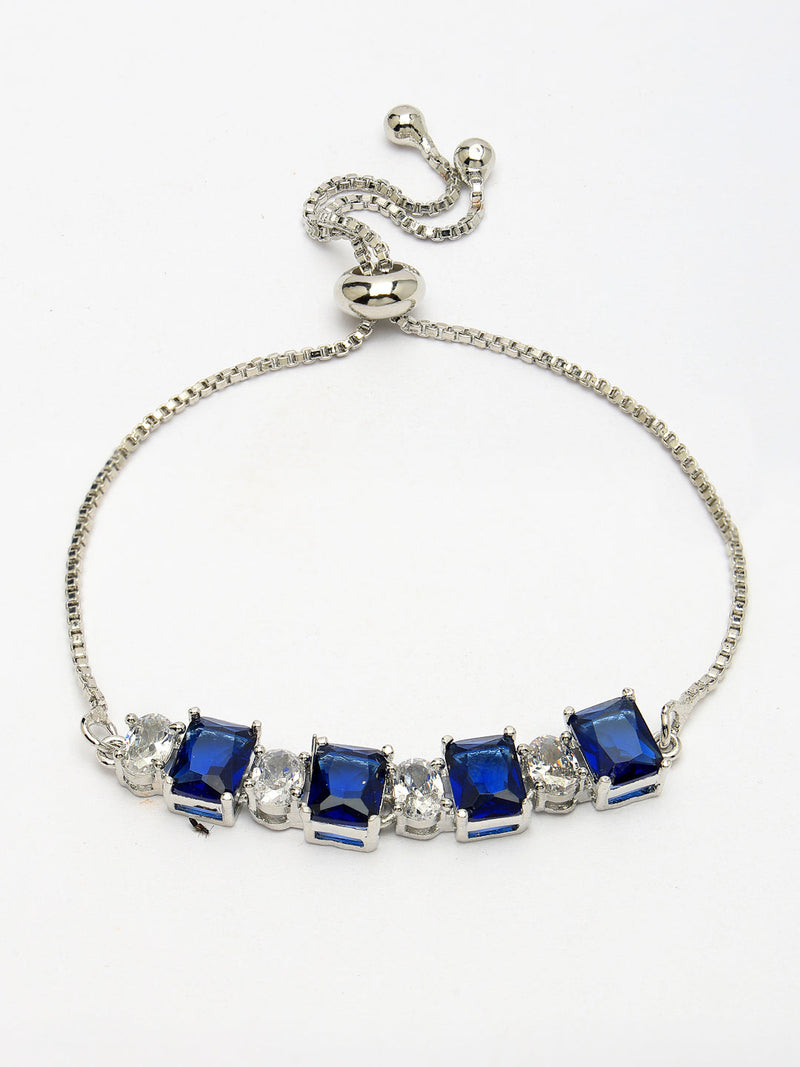 Rhodium Plated Silver Toned White Round & Blue Square Cut Studded Wraparound Adjustable Bracelet