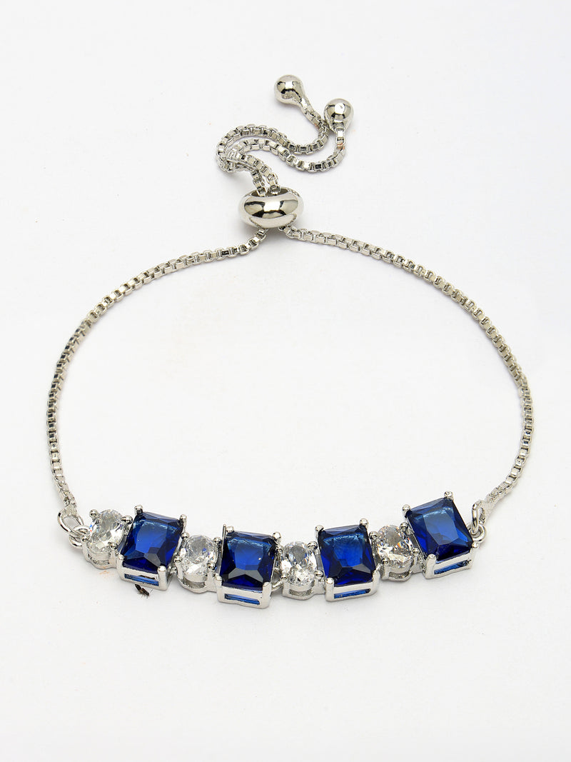 Rhodium Plated Silver Toned White Round & Blue Square Cut Studded Wraparound Adjustable Bracelet