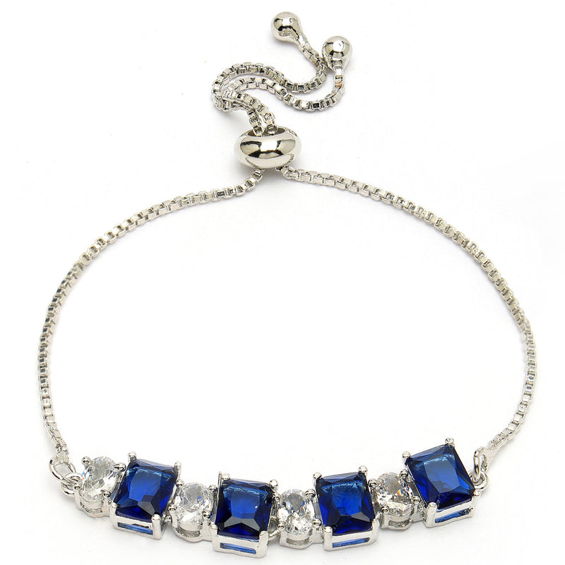 Rhodium Plated Silver Toned White Round & Blue Square Cut Studded Wraparound Adjustable Bracelet