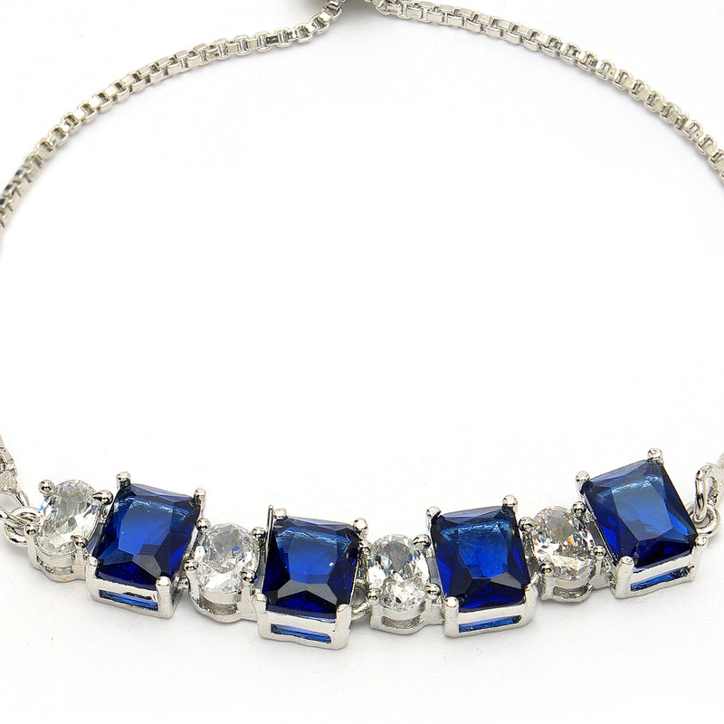 Rhodium Plated Silver Toned White Round & Blue Square Cut Studded Wraparound Adjustable Bracelet
