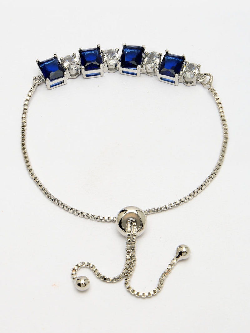 Rhodium Plated Silver Toned White Round & Blue Square Cut Studded Wraparound Adjustable Bracelet