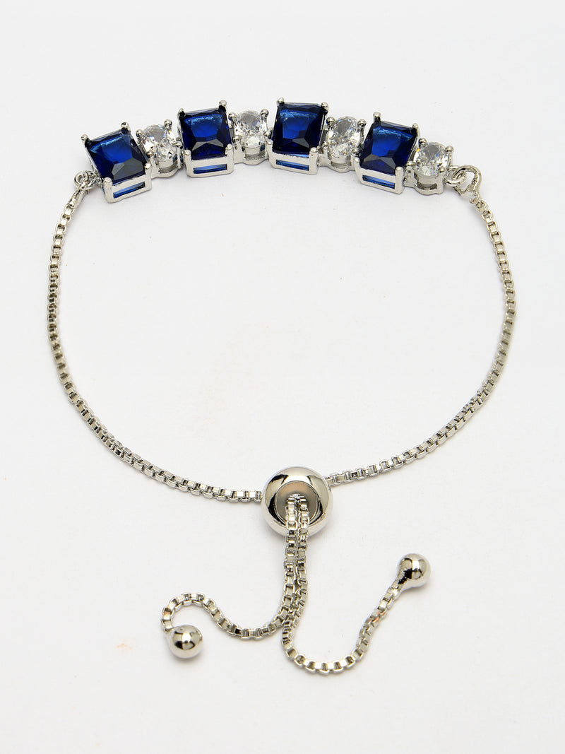 Rhodium Plated Silver Toned White Round & Blue Square Cut Studded Wraparound Adjustable Bracelet