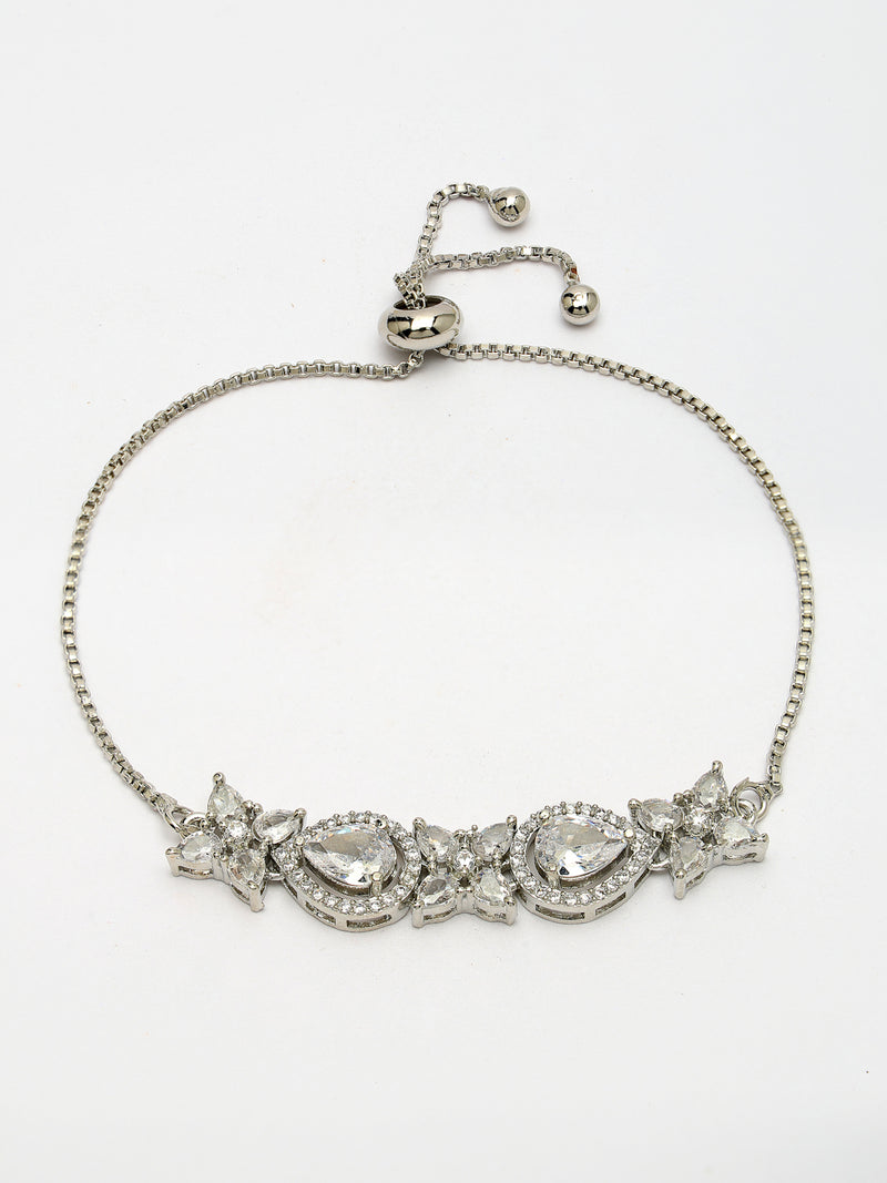 Rhodium Plated Silver Toned White Flower & Teardrop American Diamond Studded Wraparound Adjustable Bracelet